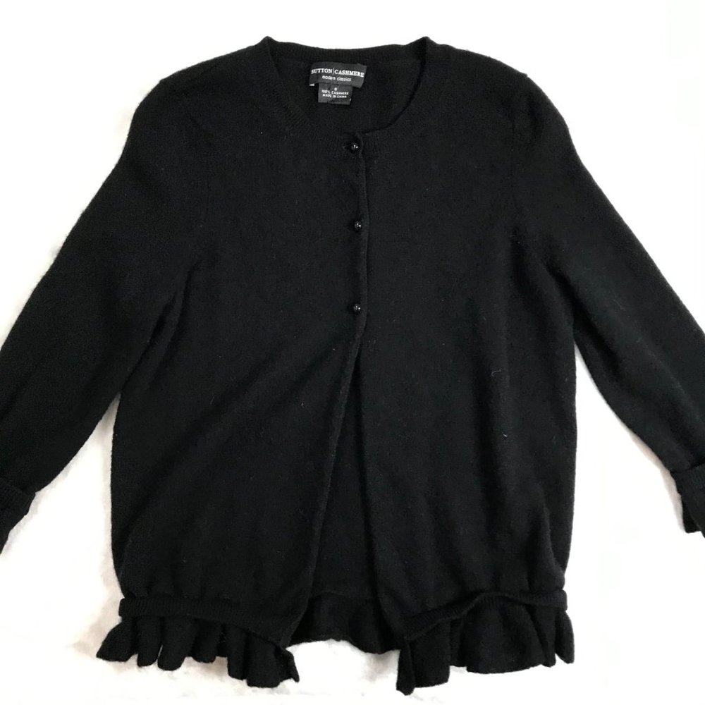 Sutton Cashmere Modern Classic Ruffle Black 3 Button Cardigan Sweater Women's S - Picture 8 of 9
